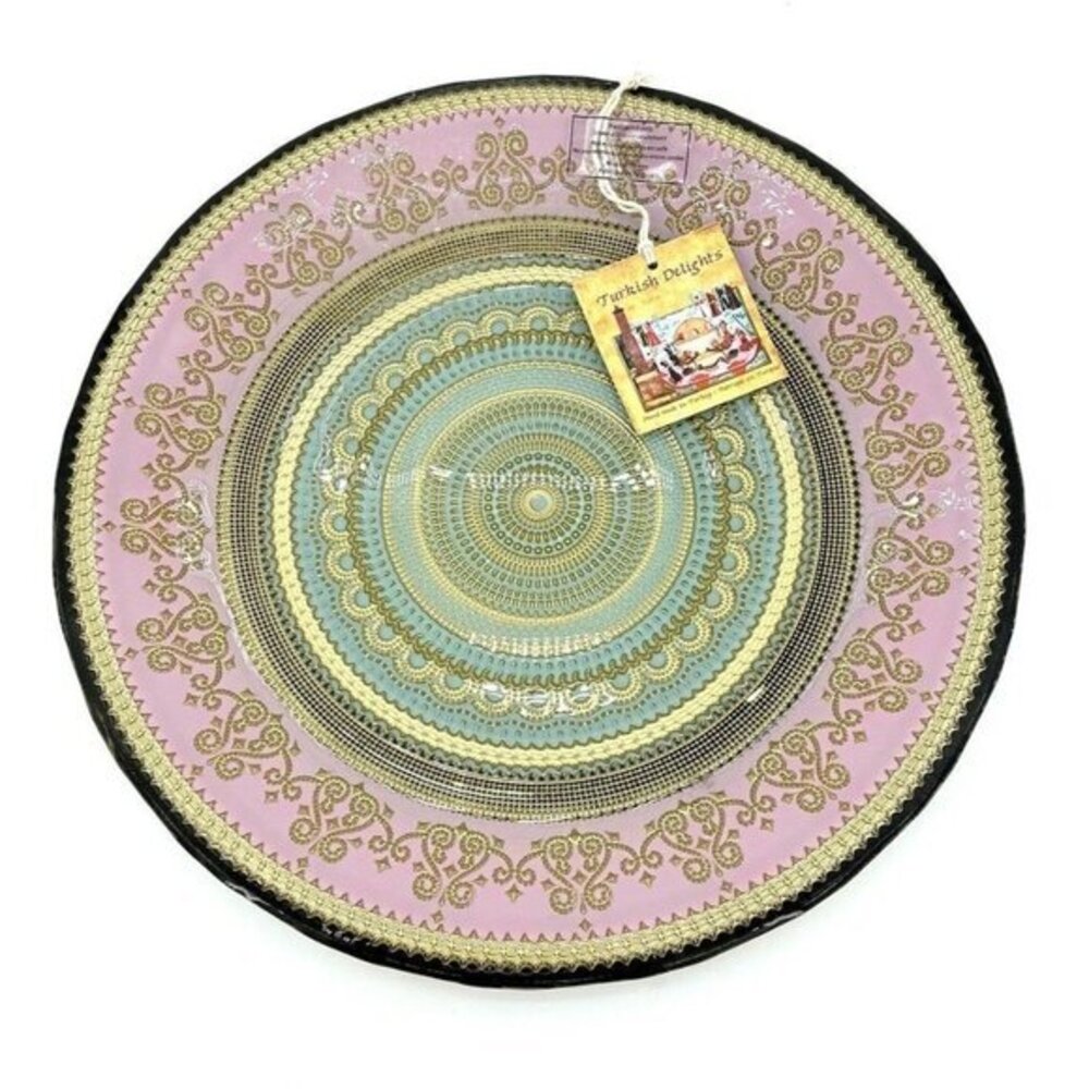 TURKISH GLASS 11" Entrée Plates Hand Painted Oriental Pattern Set of 2 NWT Pink